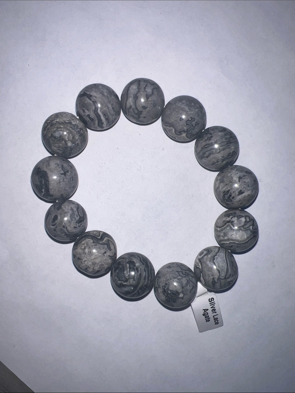 Silver Lace Agate 16mm+ Stretch Beaded Bracelet